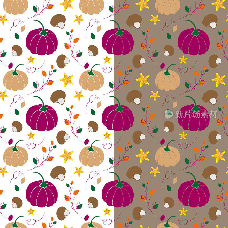 Autumn seamless pattern. Pumpkins, mushrooms, flowers, leaves silhouette on white and beige easy editable backgrounds.